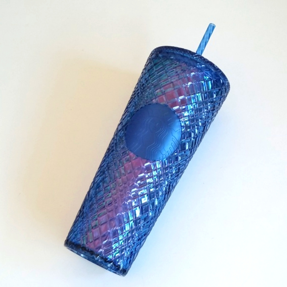 Starbucks Blue Iridescent Gem Summer Bling Grid Cold Cup 24 oz Tumbler Straw Lid